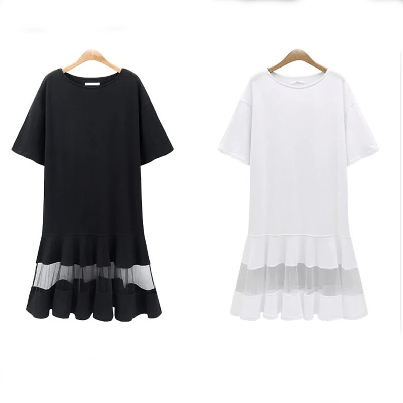 BPFAE 2018 Summer Women Plus Size Dress 3XL 4XL XXXL XXXXL Shift Loose Black White Mesh Short Sleeve T Shirt Vestido | Женская одежда