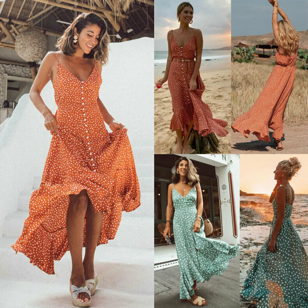 Женское длинное платье в стиле бохо летнее пляжное с v образным вырезом и
