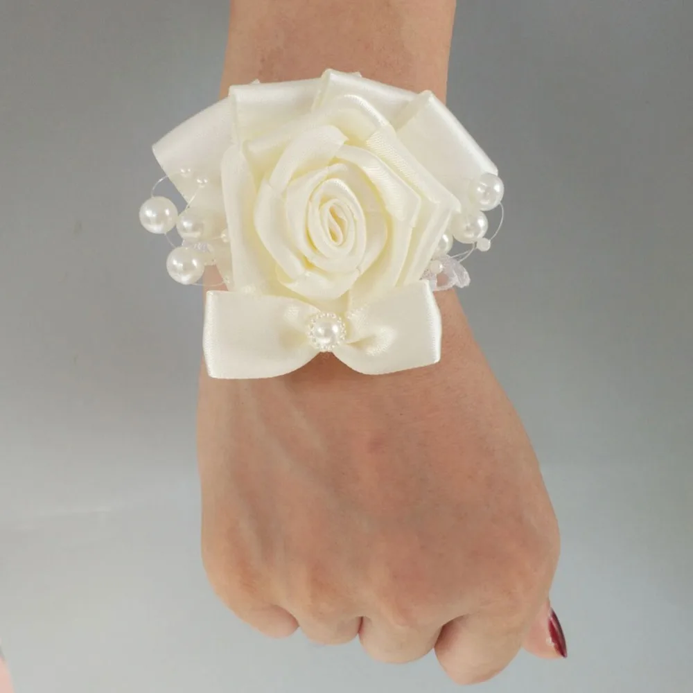 

Cream Ivory Wrist Corsage Bridesmaid Sisters hand flowers Artificial Bride brooch For Wedding Party Decoration Bridal Prom 8715