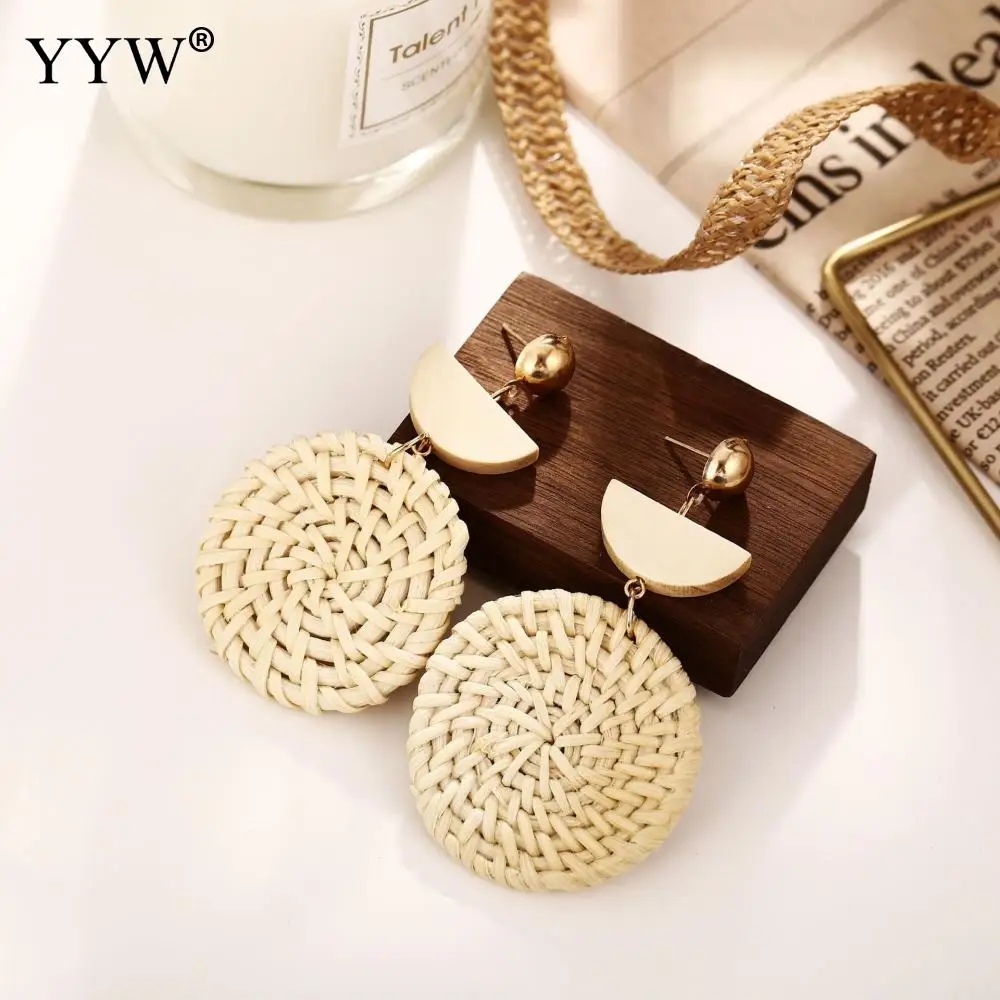 2019 Trendy Handmade Drop Earrings For Women Wooden Straw Weave Rattan Big Round Geometry Sector Wedding Dangle Jewelry | Украшения и