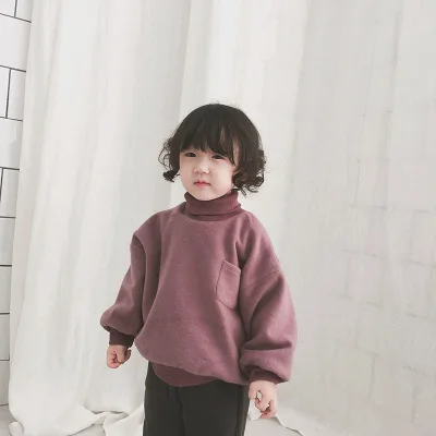 Fall Winter Children Korean Thicken Velvet Solid Hoodies for Boys and Girls Kids Baby Turtleneck Cotton Long Sleeve T Shirt Tops | Детская