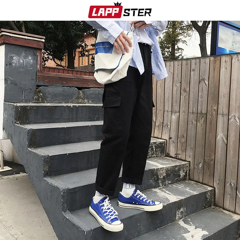 LAPPSTER мужские уличные черные брюки карго Харадзюку мужские мешковатые с карманами шаровары мужские хип-хоп черные прямые штаны для бега