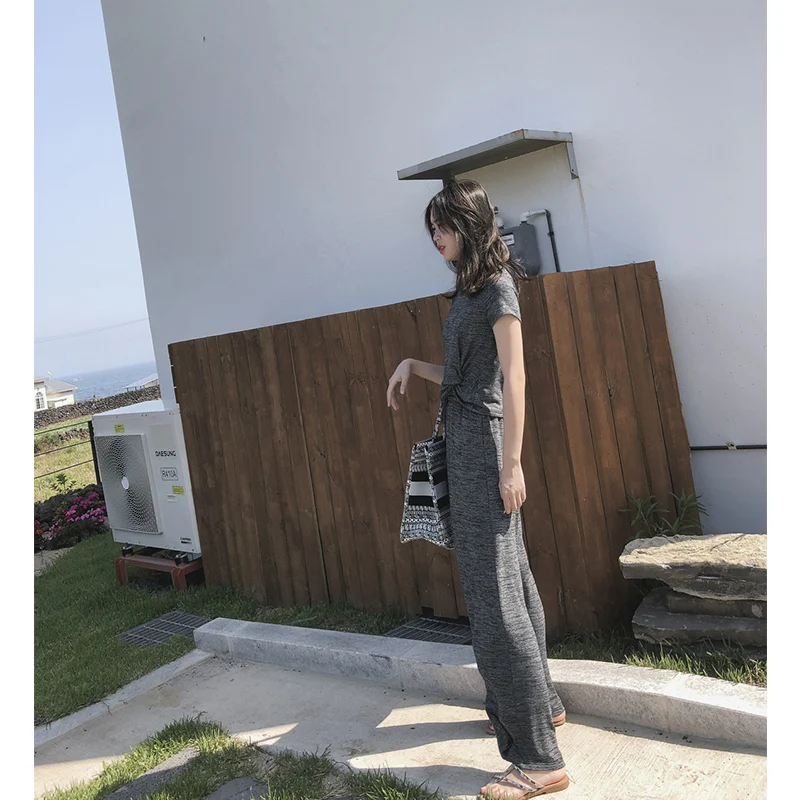 Mishow 2019 summer sport causal Two-piece suit women around neck short sleeve shirt + elastic waist drape pants MX19B3519 | Женская