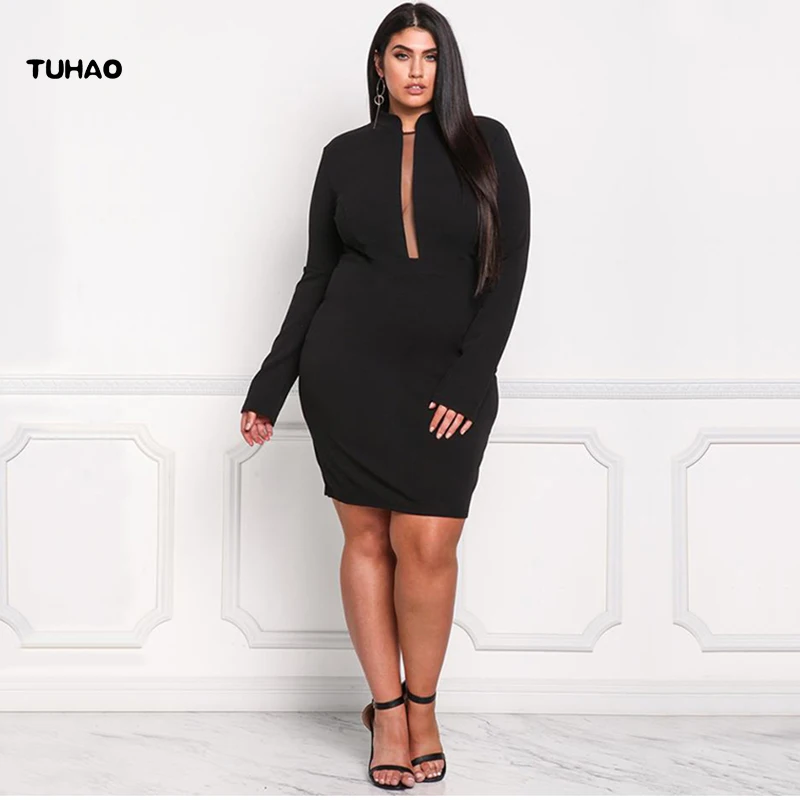 Платье женское осенне-зимнее облегающее черное с длинным рукавом 2XL 3XL | Женская