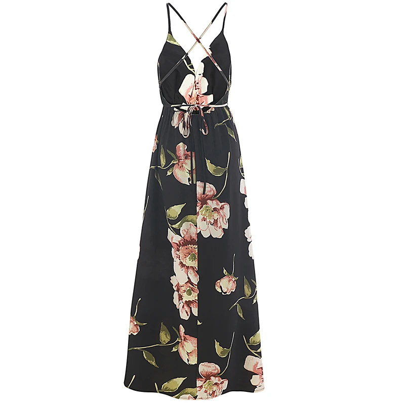 QQ Boho шифон Холтер Сарафан длинное платье женские Принт с цветком пляжное летнее