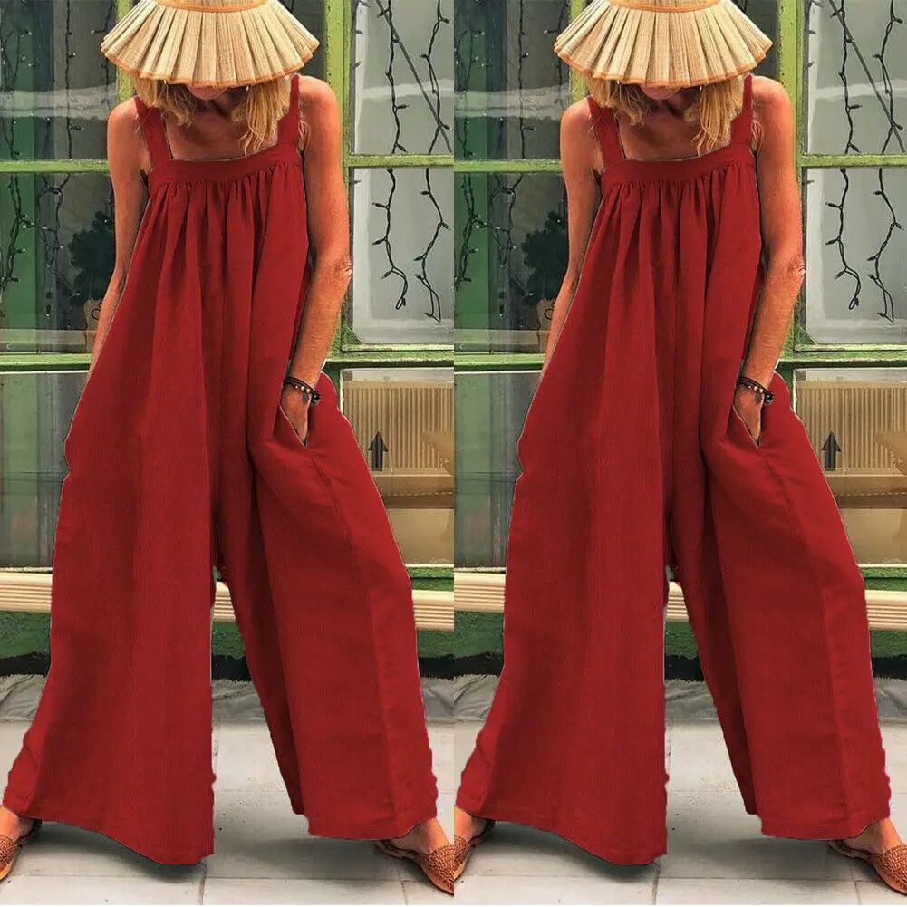Red Women Loose Baggy Jumpsuit Dungarees Playsuit Romper Ladies Casual Wide Leg Trousers Summer Holiday Clothing - Color: Red