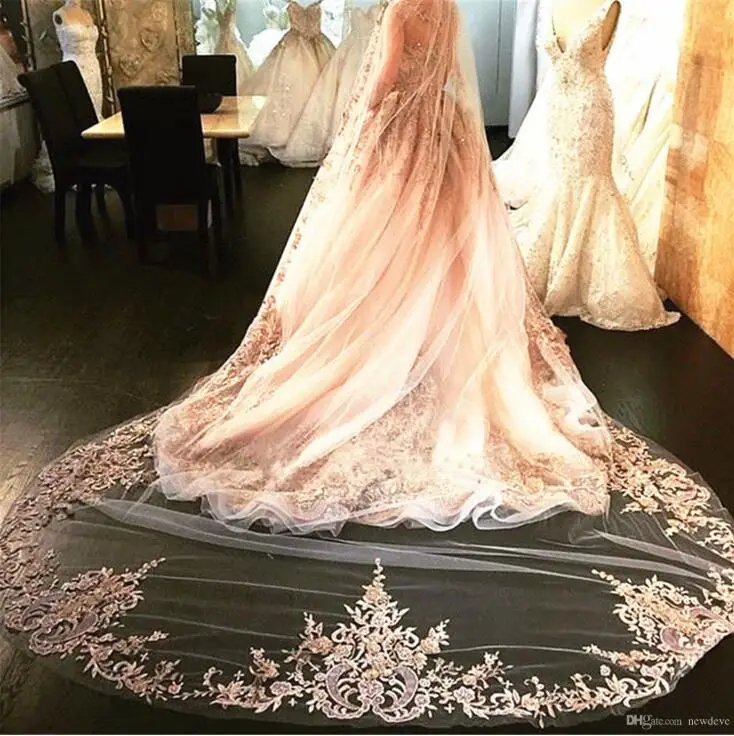 Lace Cathedral Bridal Veils One Layer Long Applique Bead Custom Made High Quality Wedding Veils With Combs Three Color