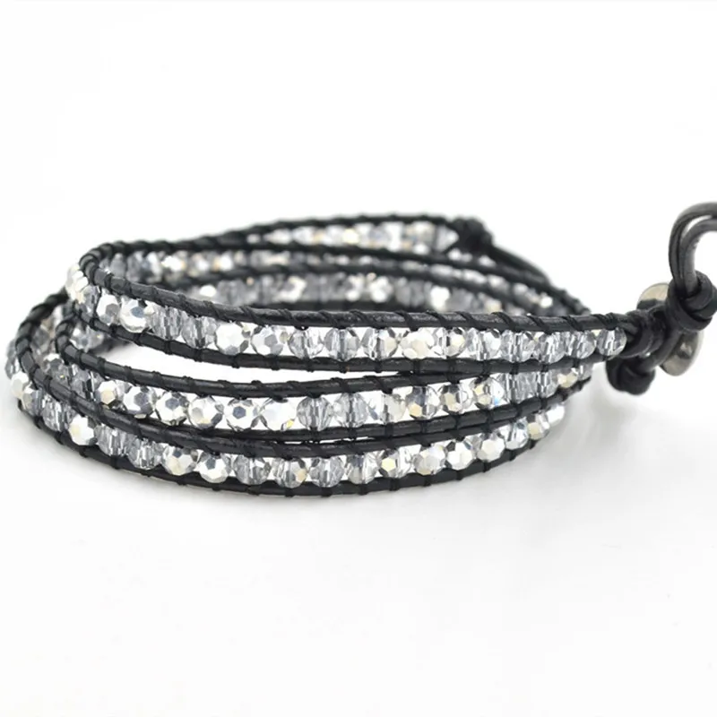 Браслет с белыми гранеными кристаллами кожаный браслет богемные бусы украшения