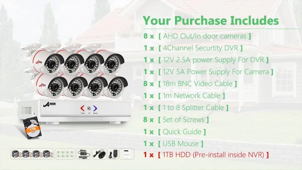 ANRAN 8CH Гибридный 1800N HD AHD DVR 1800TVL 720 P Водонепроницаемый Открытый 24 ИК-День Ночь CCTV