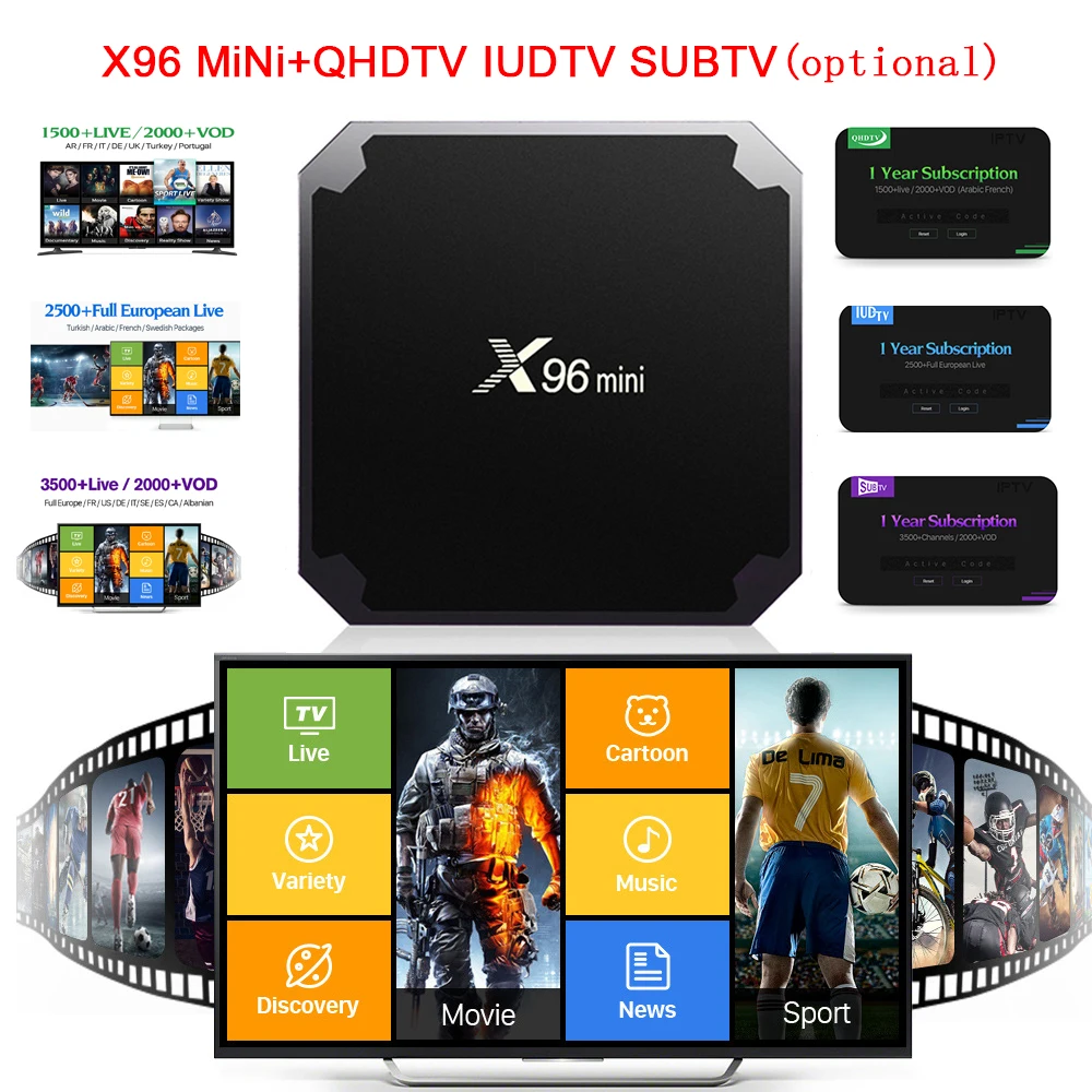 X96 Мини ТВ приставка онлайн IP TV 4K HD SUB QHD IUD NEO подписка Amlogic S905W четырехъядерный