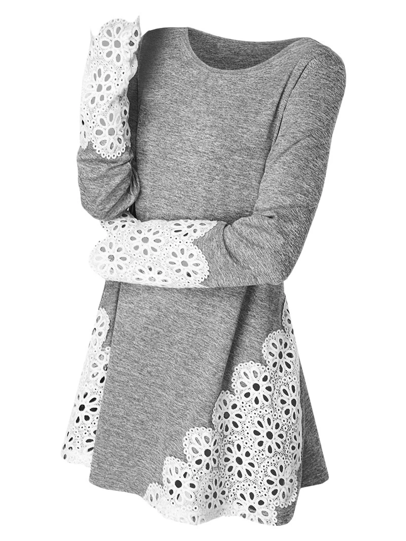 Fashion Women Lace Panel Long Sleeve Top Silm Fit Basic Tees Solid T-shirt Casual Shirt Round Neck Floral Slim Ladies T Shi | Женская