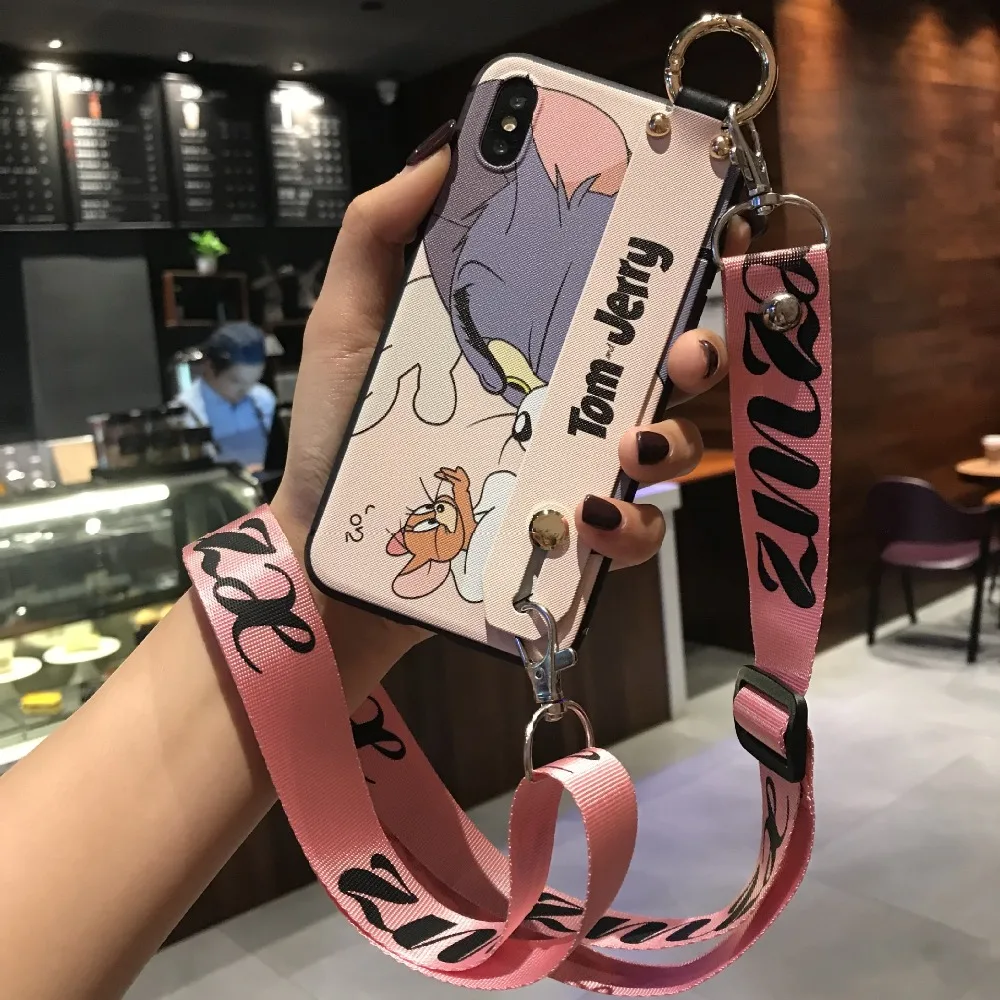 Забавный чехол с рисунком том Джерри для iPhone X, XR, Xs, Max, 8, 7, 6, 6s Plus, чехол на запястье, тканевый чехол с ремешком через плечо