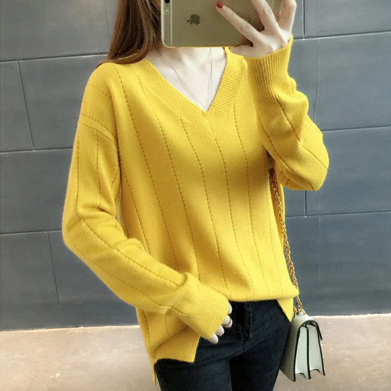 OHRYIYIE Soft V-Neck Sweaters and Pullovers for Women 2021 Autumn Winter Elastic Knitted Sweater Female Jumper Femme Basic Tops | Женская