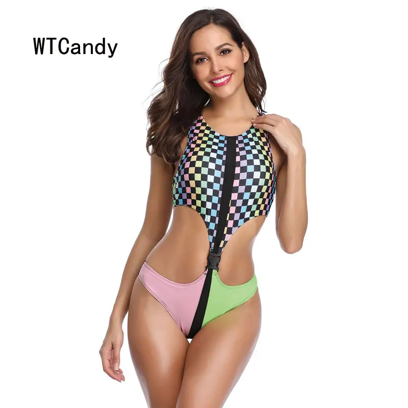 WTCandy Радужный клетчатый цельный купальник женский монокини с вырезом розовый и