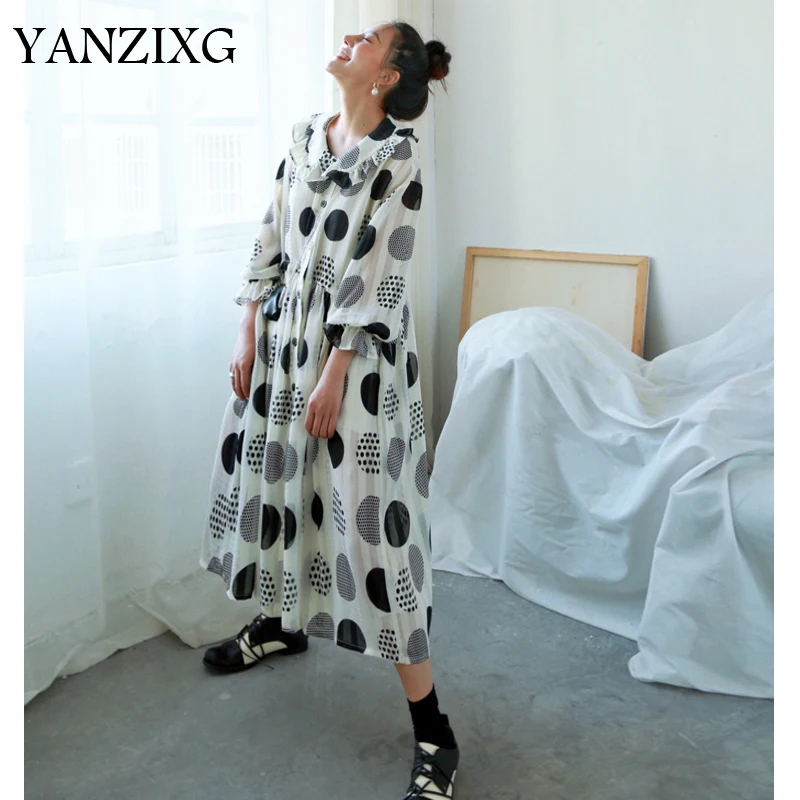 2019 New Peter Pan Collar Three Quarter Sleeves Polka Dots Printed Pullover Loose Long Dress Female Chiffon Vestido Z010 | Женская