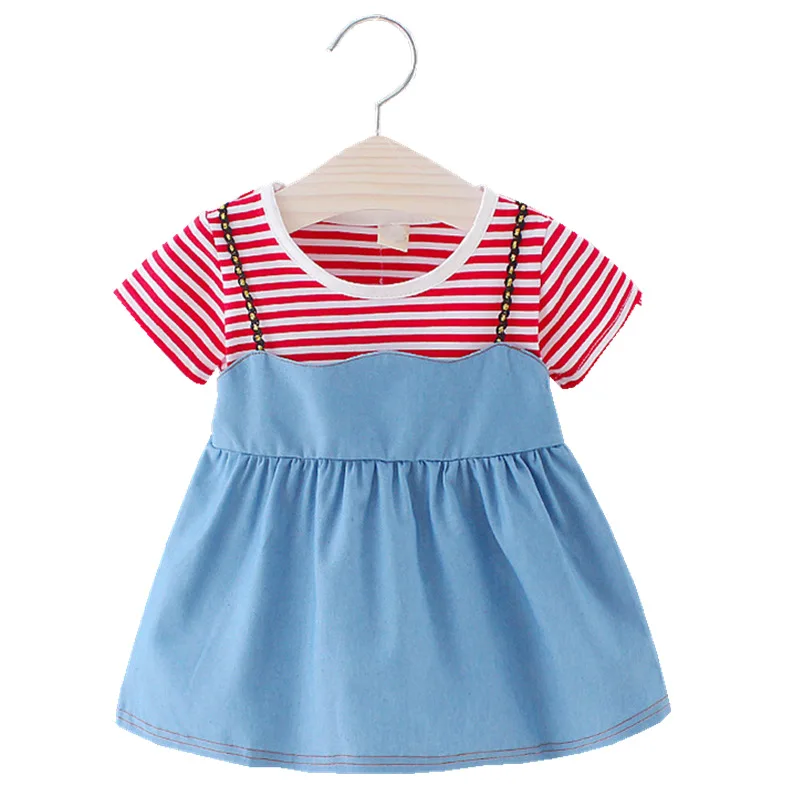 Платья для девочек лето 2019 детская одежда Полосатое джинсовое платье футболка