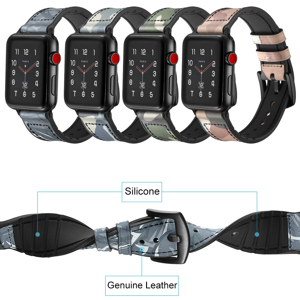 Камуфляжный кожаный браслет ремешок для Apple Watch band 4 44/40 мм Мужские/Женские часы