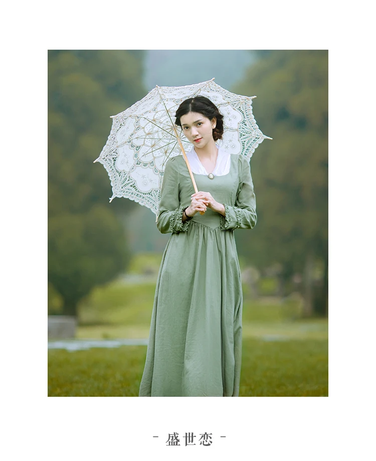 Vestido, весенне-осеннее женское винтажное платье с v-образным вырезом и длинным рукавом, элегантное тонкое льняное платье принцессы, светильник с кружевом, Зеленое Длинное Платье sukienki