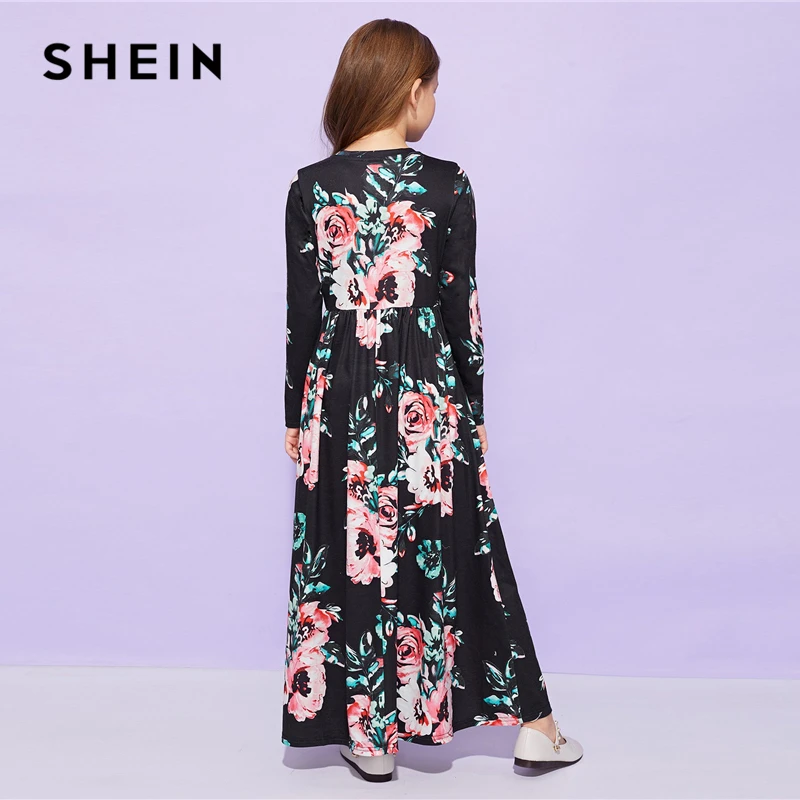 SHEIN Kiddie/милое длинное платье с цветочным принтом для девочек; детская одежда; коллекция года; весенние Повседневные детские длинные расклешенные платья с длинными рукавами