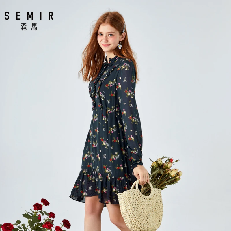 Женское платье SEMIR, Осеннее, новое, милое, Ретро стиль, с деревянными ушками, цветочное, приталенное, с длинным рукавом, феи, модное, сексуальное, вечерние