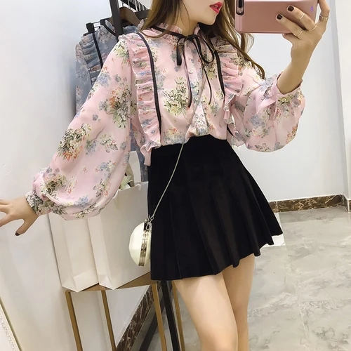 pink blouse Korobov новая Корейская элегантная женская блузка с оборками на шнуровке с бантом с длинным рукавом с цветочным принтом рубашки на одной пуговице шифоновые Блузы 77781 - Цвет: pink blouse
