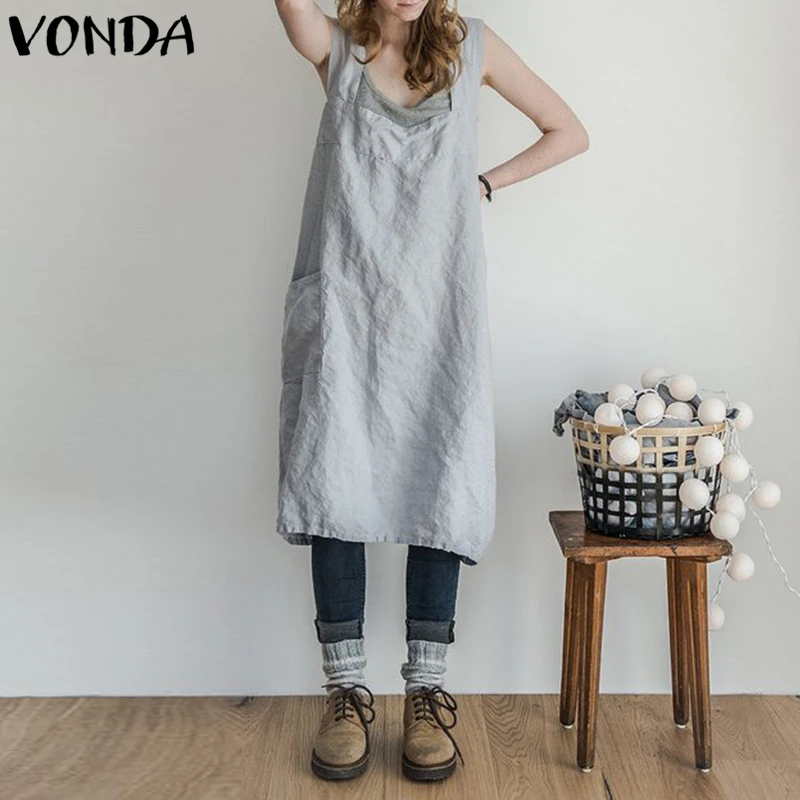 VONDA женское платье 2018 летняя хлопковая Vestidos фартук Повседневное свободные