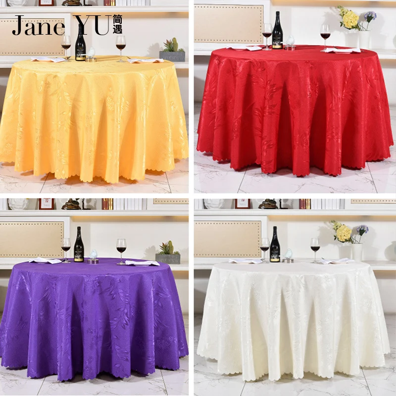 

JaneYU Big Size Polyester Wedding Tablecloth Jacquard Red Round Table Cloth Hotel Dining Table Cover Decor Solid Table Linen