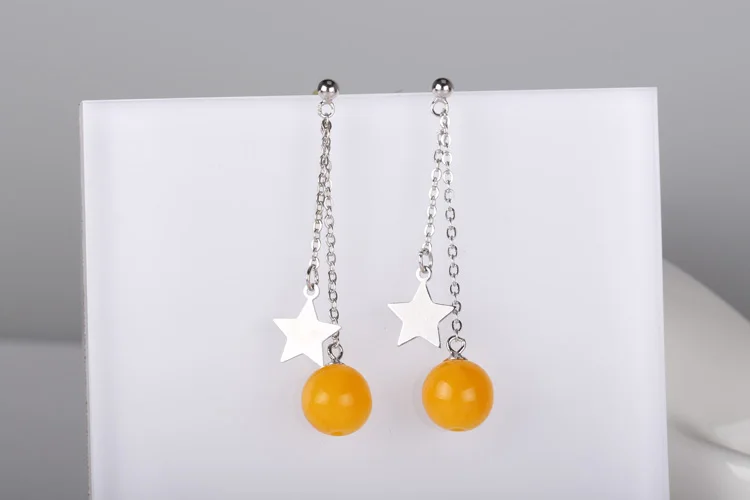 100% Sterling-Silver Color  Dangle Earrings Inlaid 6MM-10MM Wax Amber Earrings for Women Fine Jewelry Setting