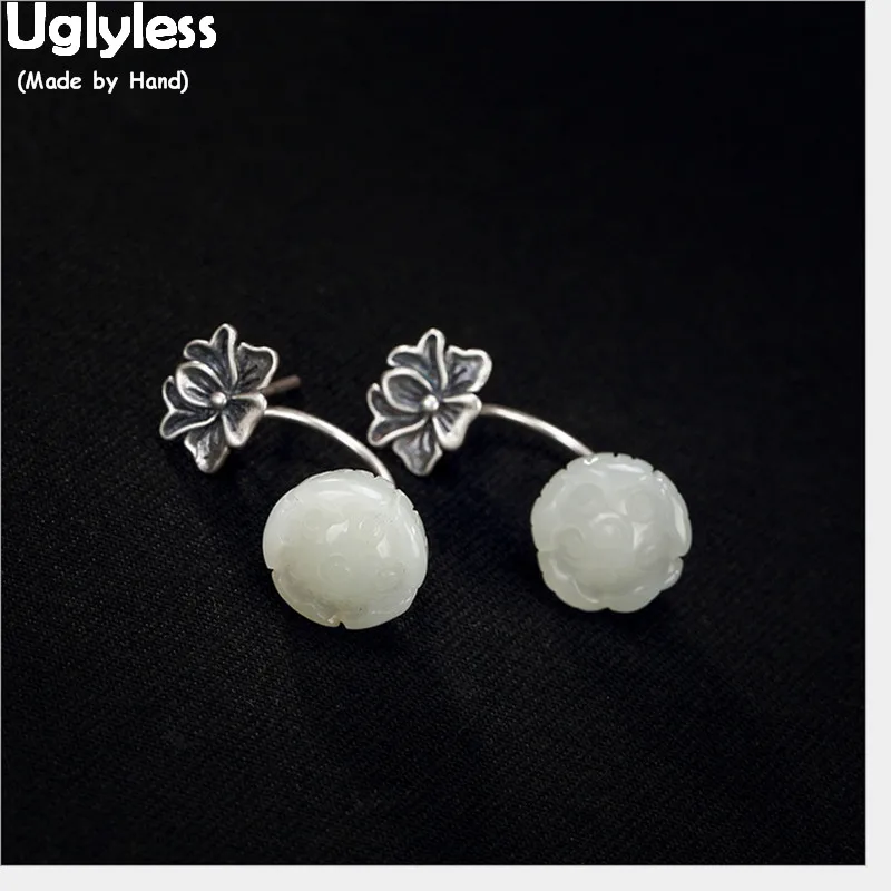 

Uglyless Handmade Carved Jade Lotus Stud Earrings for Women Dual Use Thai Silver Flower Studs Real Solid 925 Silver Fine Jewelry
