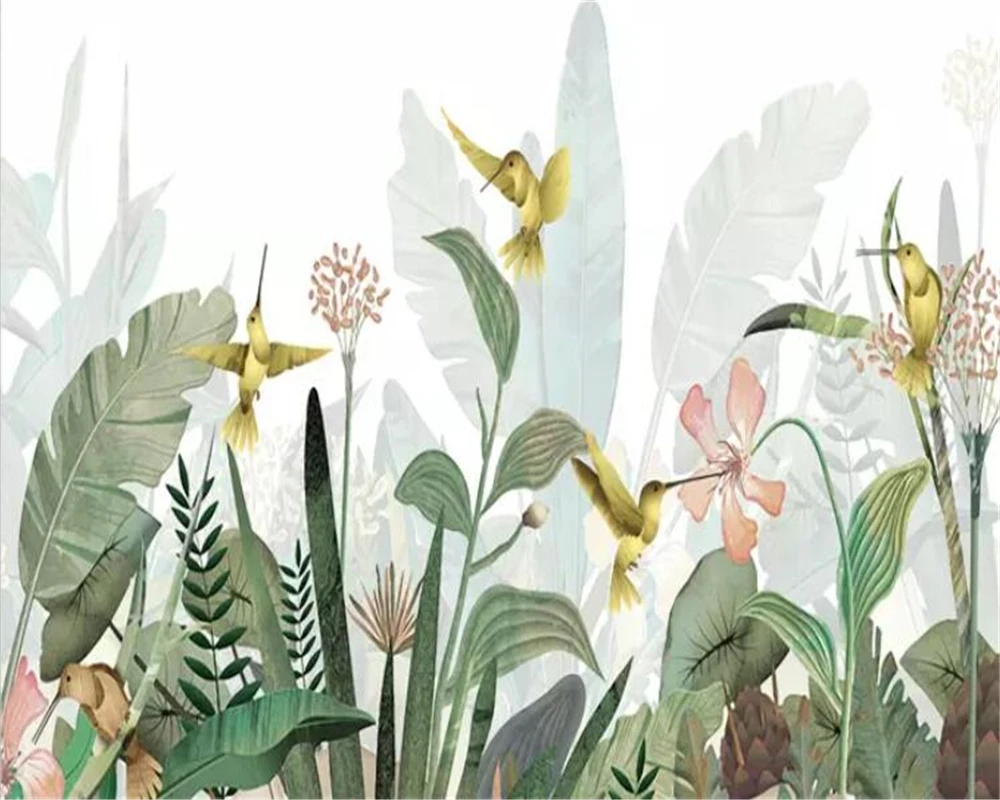 Пользовательские 3d обои современные банановые листья птицы и цветы фон фото papel