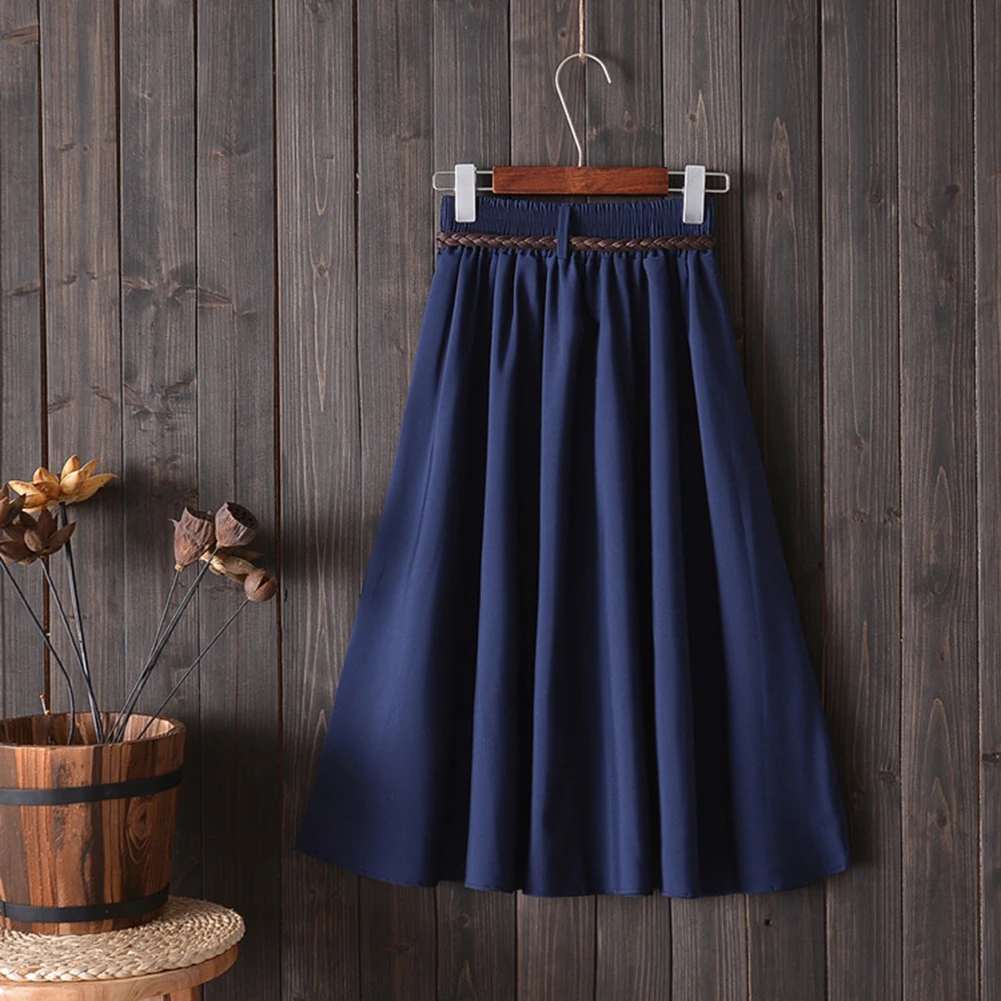 2019 fashion Korean Summer Midi Skirt Women Ladies High Waist pleated skirt A-line School Skirts with belt black red blue skirts | Женская