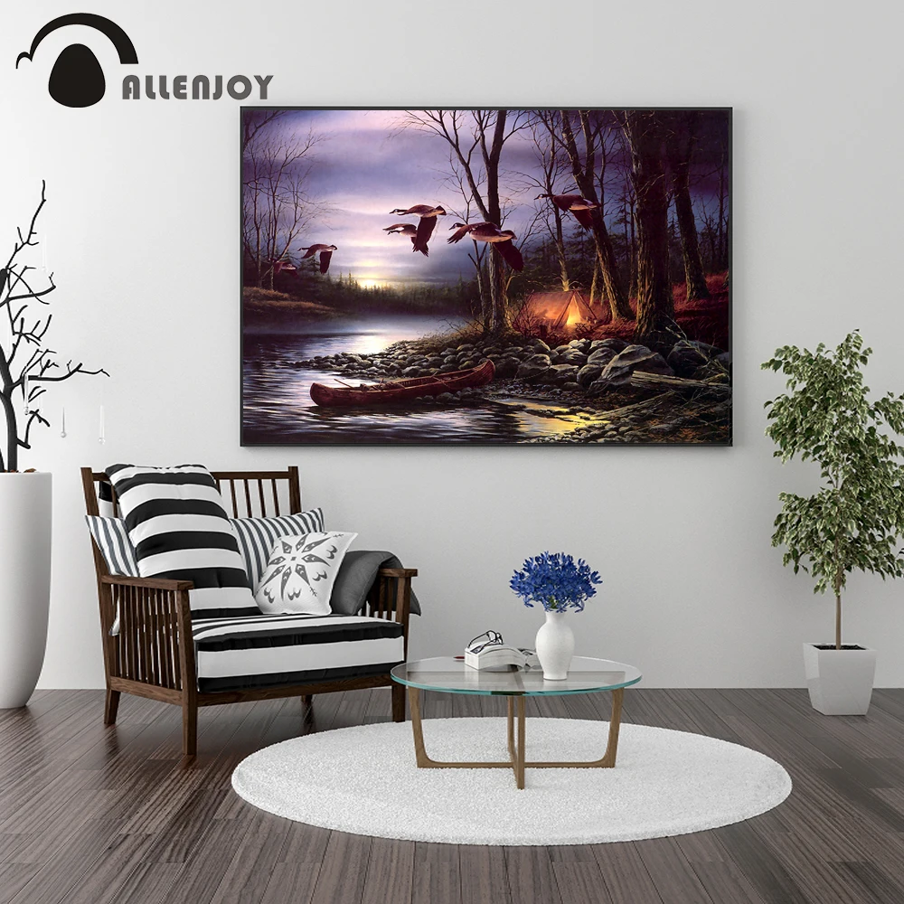 Allenjoy пейзаж Масляные картины река дикий гусь дерево лодка холст краски в