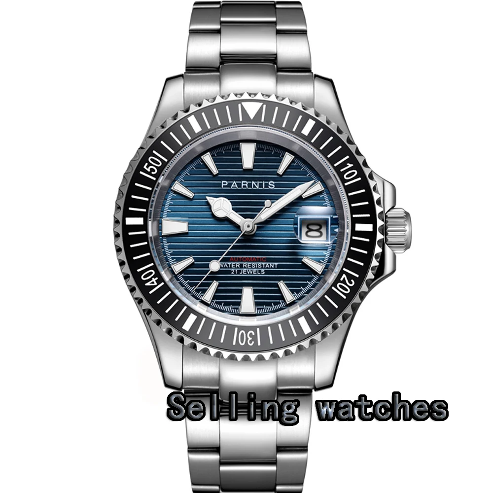 Мужские часы Parnis с синим циферблатом сапфировым стеклом вращающимся