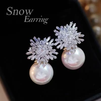 imitation pearl earrings women fashion snowflake crystal earrings charm zircon jewelry cute earrings best choice for couple gift