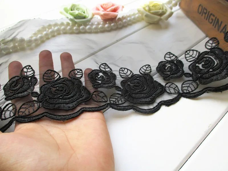 3 м/лот Черная роза машина костяная вышивка кружевная отделка аппликация из