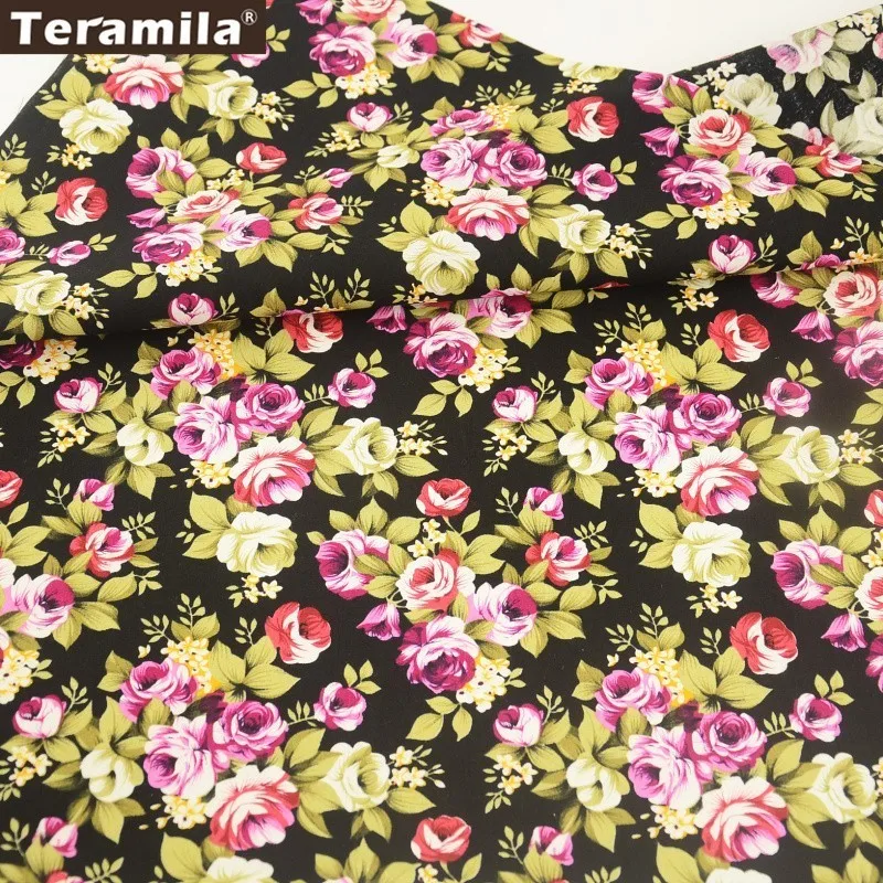 Ткань Teramila хлопок поплин черная с цветочным принтом ручная работа|textil decoration|cotton