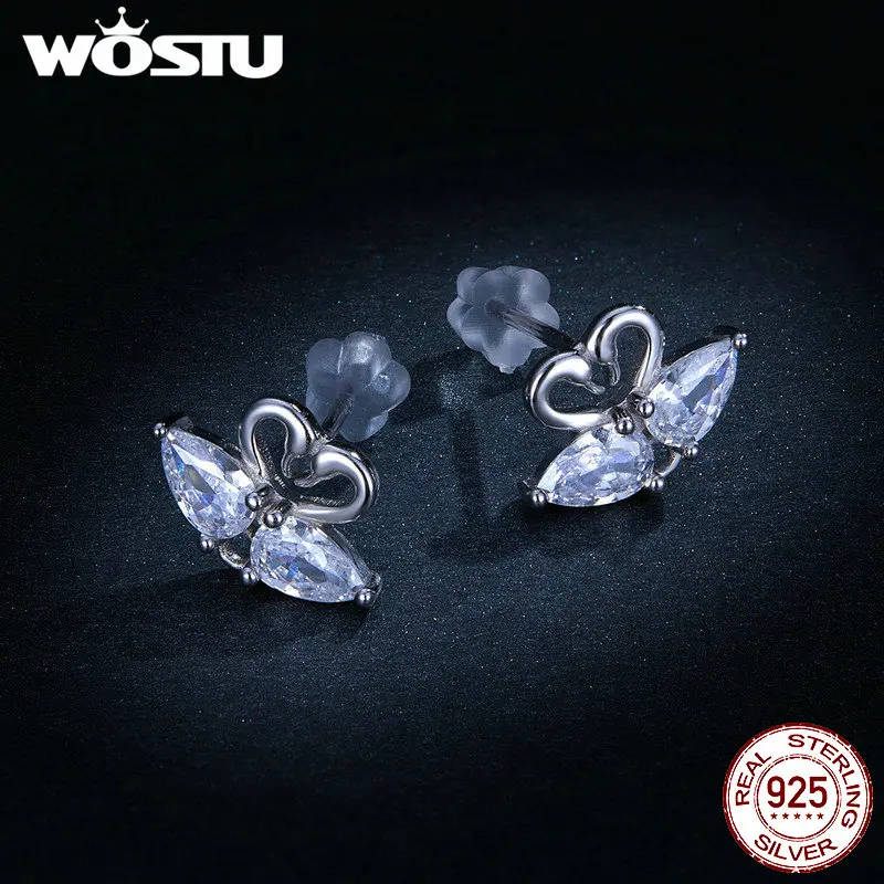 WOSTU, классические серьги в виде лебедей, Настоящее серебро 925 пробы, прозрачный циркон, крошечные серьги для женщин, свадебные украшения FNE229