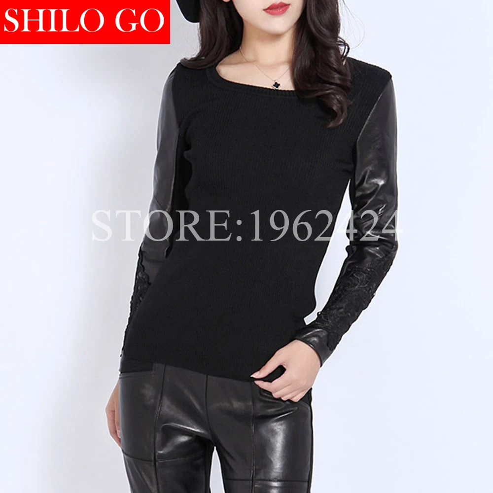 Женский шерстяной свитер SHILO GO черный из овчины с длинным рукавом и кружевной