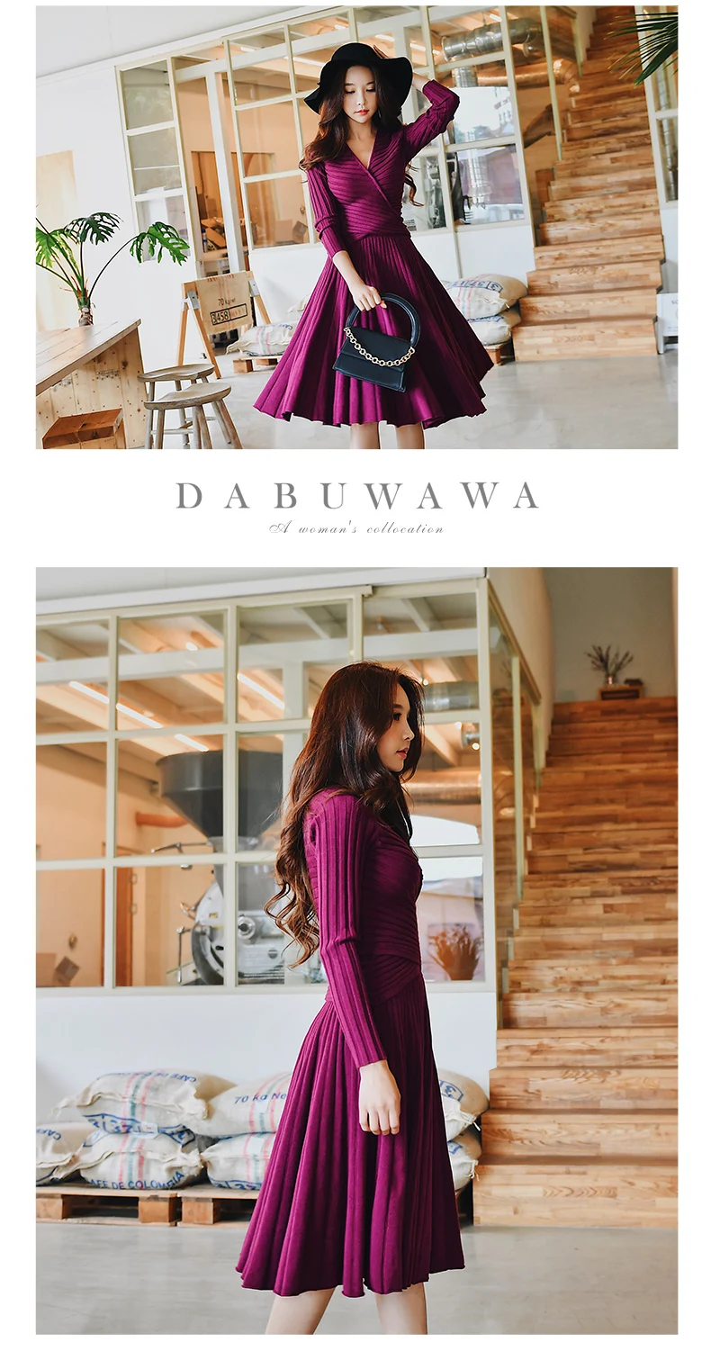 Dabuwawa, зимнее элегантное вязаное платье, костюмы для женщин, винтажные, вечерние, рождественские, розовые, фиолетовые, трапециевидные платья, комплект для девушек, леди DN1DSA016