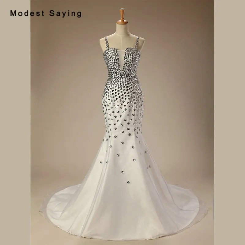 

Luxury Sexy Backless White Mermaid Straps Evening Dresses 2017 with Rhinestone Formal Women Long Party Prom Gowns robe de soiree