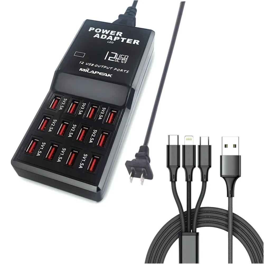 Фото EHuuGie 12 USB 60 W/12A быстрое зарядное устройство многопортовое с 3 фута type c micro usb ligh tning к