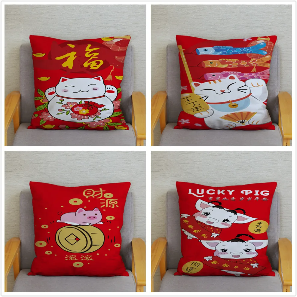 Super Soft Short Plush Cushion Cover Red 45*45cm Throw Pillow Covers Lucky Cat Print Pillows Cases Sofa Home Decor Pillowcase | Дом и сад