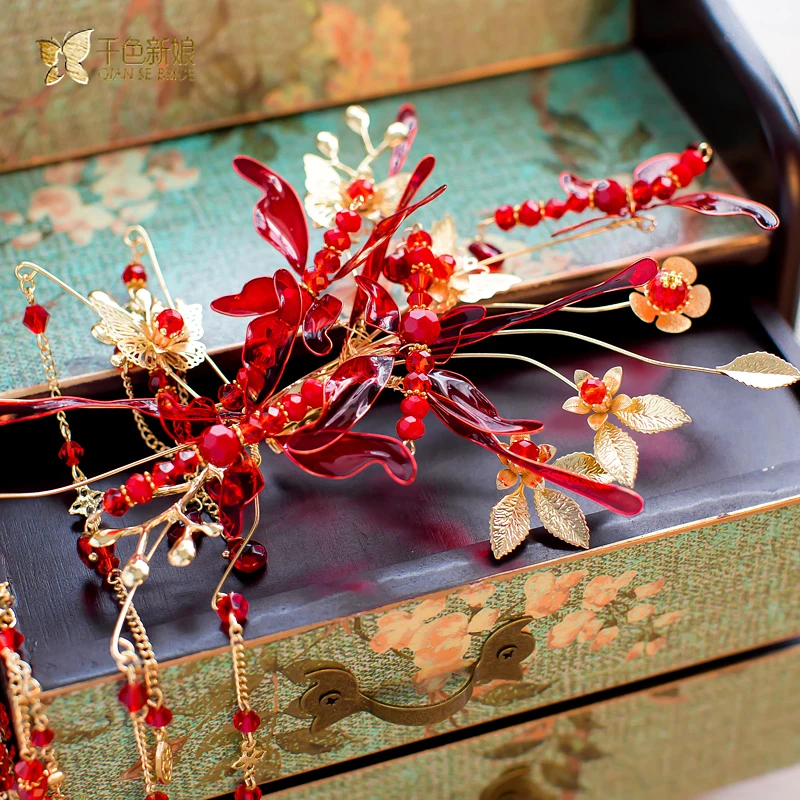 Китайский невесты головной убор костюм заколки красная бабочка шпильки
