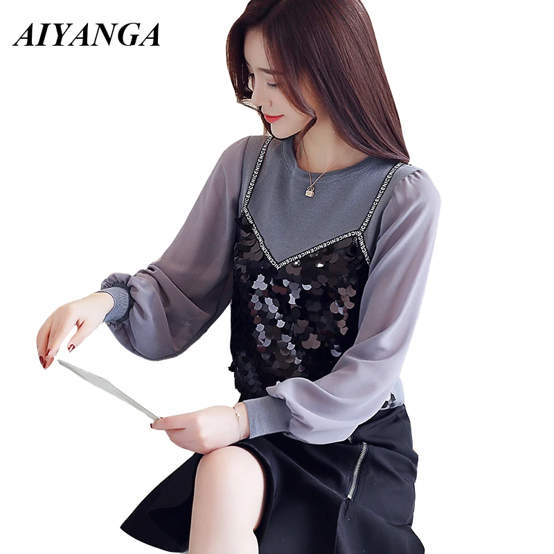 New 2019 Faux 2 Piece O-neck Sequined Loose Shirts Women Long Sleeve Office Lady Blouse Shirt Fashion Spring Womens Knitted Tops