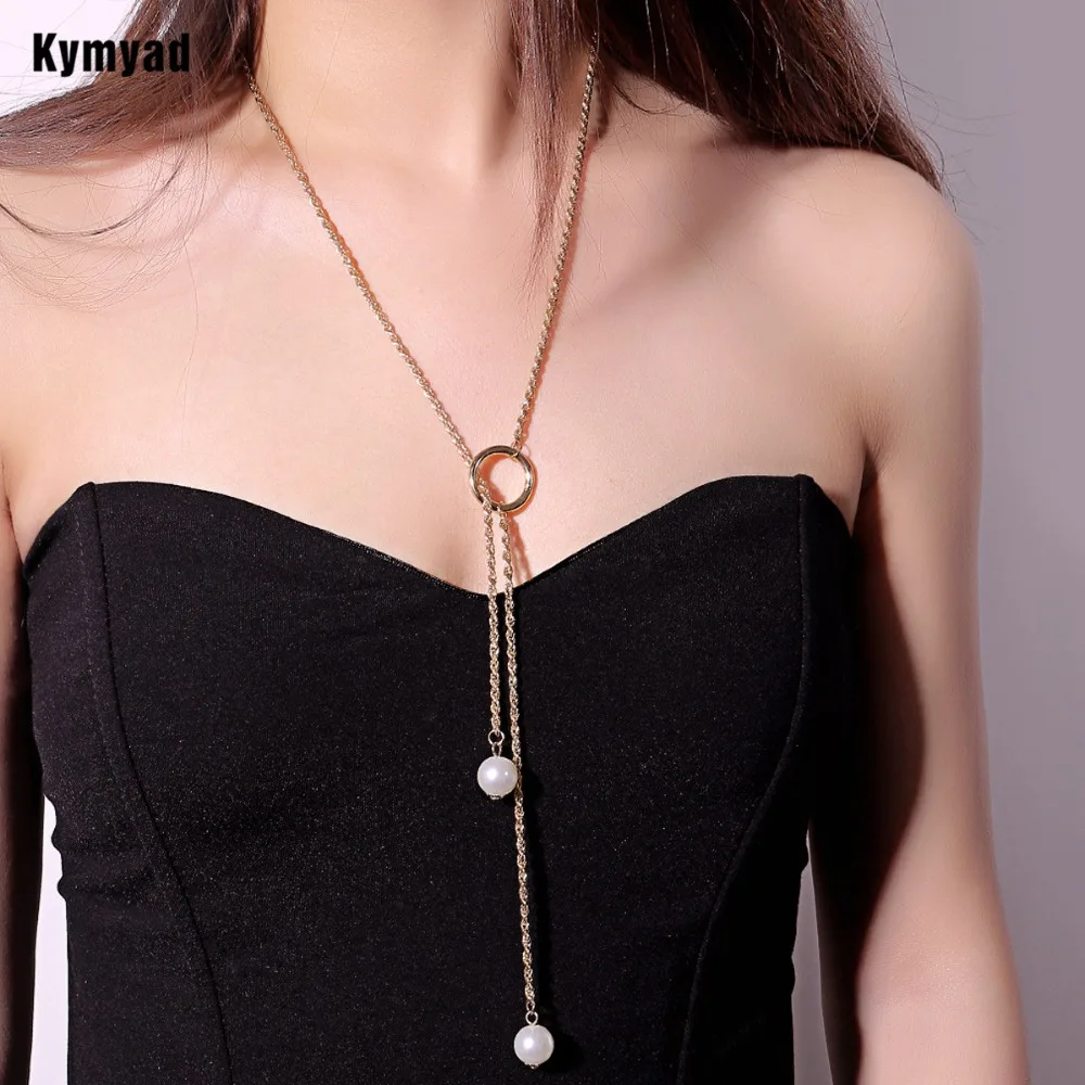 Kymyad Long Necklace Imitation Pearl Necklaces &amp Pendants Choker For Women Jewelry Gold Color Tassel Chain | Украшения и