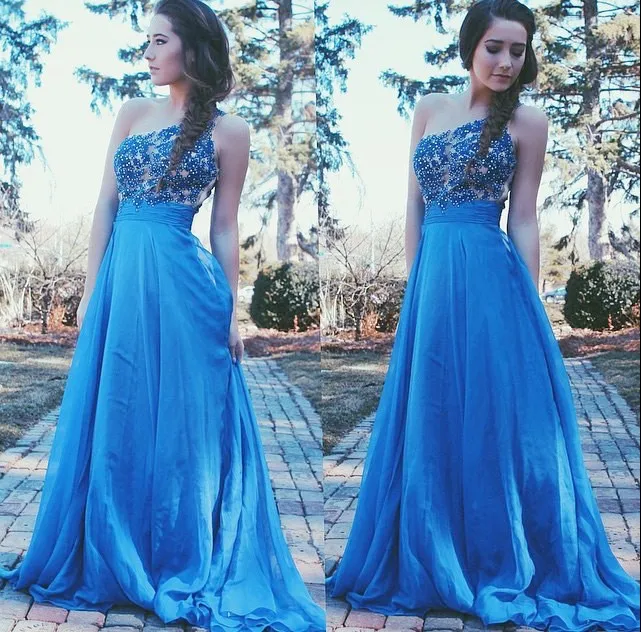 Light Blue Prom Dresses For Women One Shoulder Lace Appliques Beading A Line Chiffon Party Dress Gowns 2016 vestidos de baile | Свадьбы и