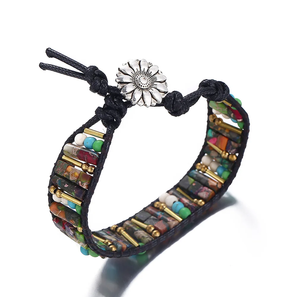 

High End Square Shape King Stone Single Leather Wrap Bracelets Vintage Weaving Beaded Cuff Bracelet Dropshipping