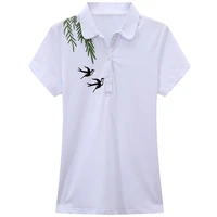 dancing wings summer short sleeve vintage embroidery casual loose women polo shirt cotton