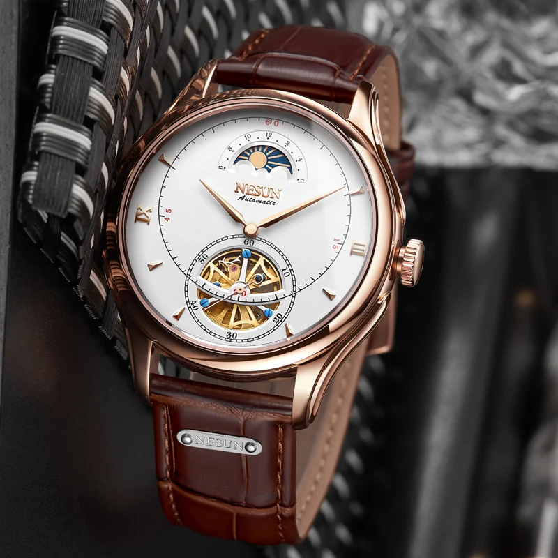 Автоматические механические мужские часы скелетоны Nesun Tourbillion роскошные