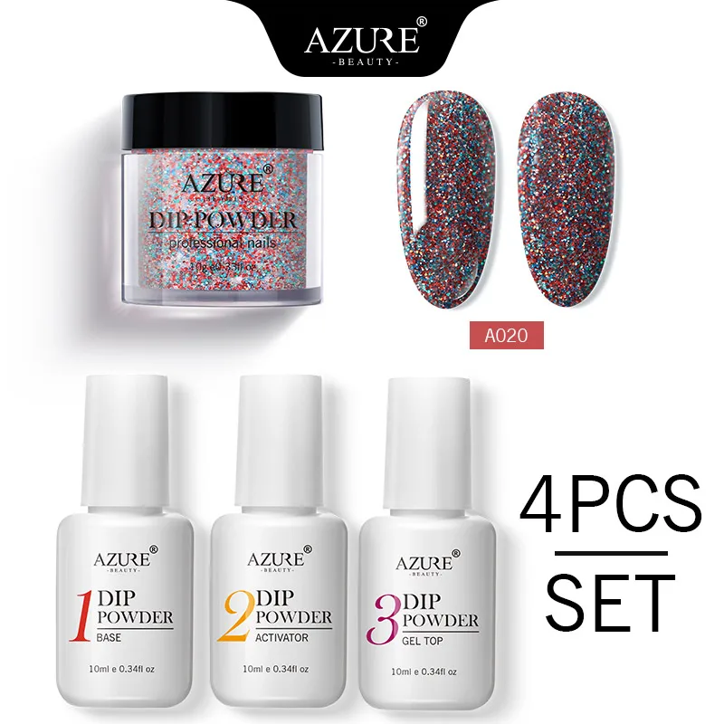 20 Azure Beauty 4Pcs/Lot Dipping Powder Base Nail Coat Set Shiny Glitter Dip Powder Gradient Color Powder Kits Top Gel Activator - Цвет: 20
